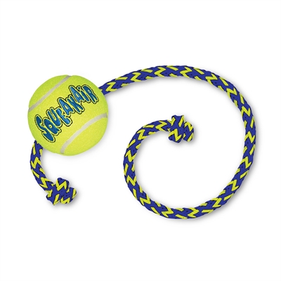 Kong air squeaker ball met touw geel/blauw